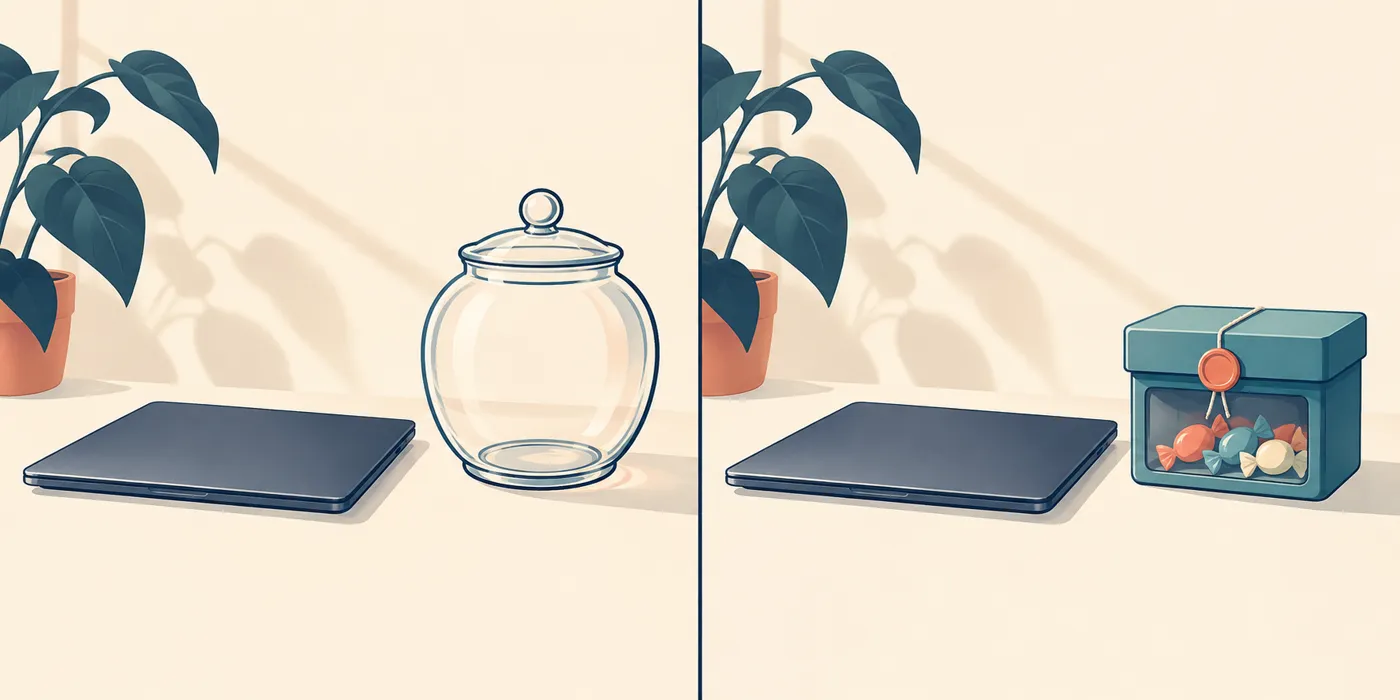 Conceptual illustration of an empty candy jar beside one laptop and a saved candy box beside another