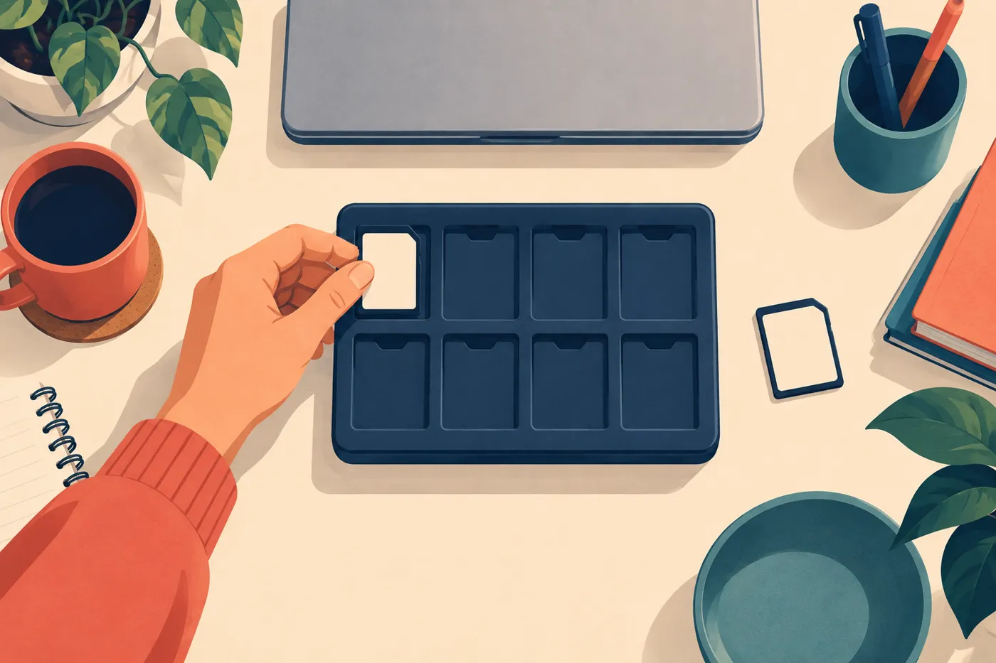Conceptual illustration of placing a blank save card into the first compartment of a storage tray