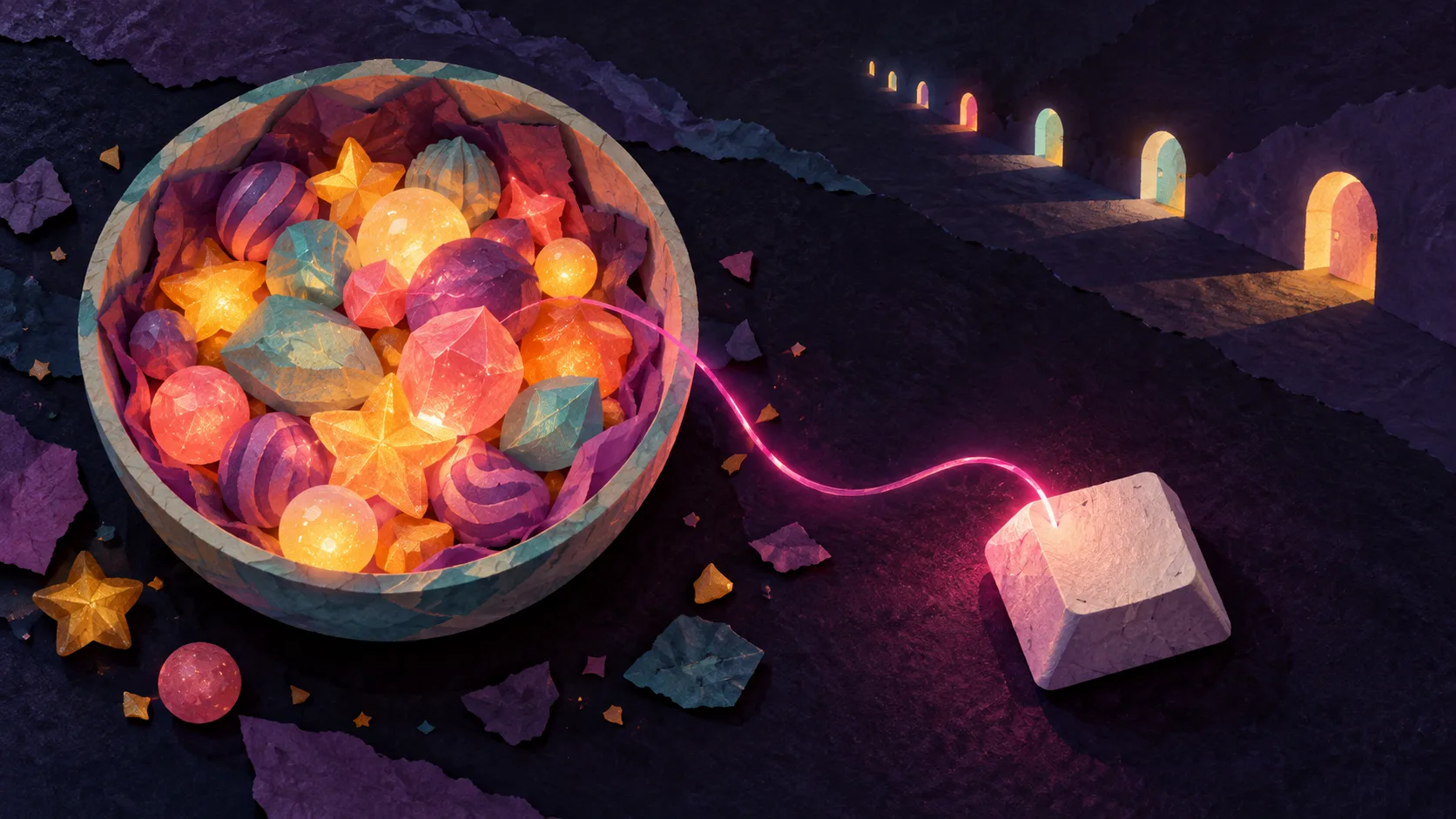 Original conceptual collage of a glowing bowl of candy connected to an unmarked key