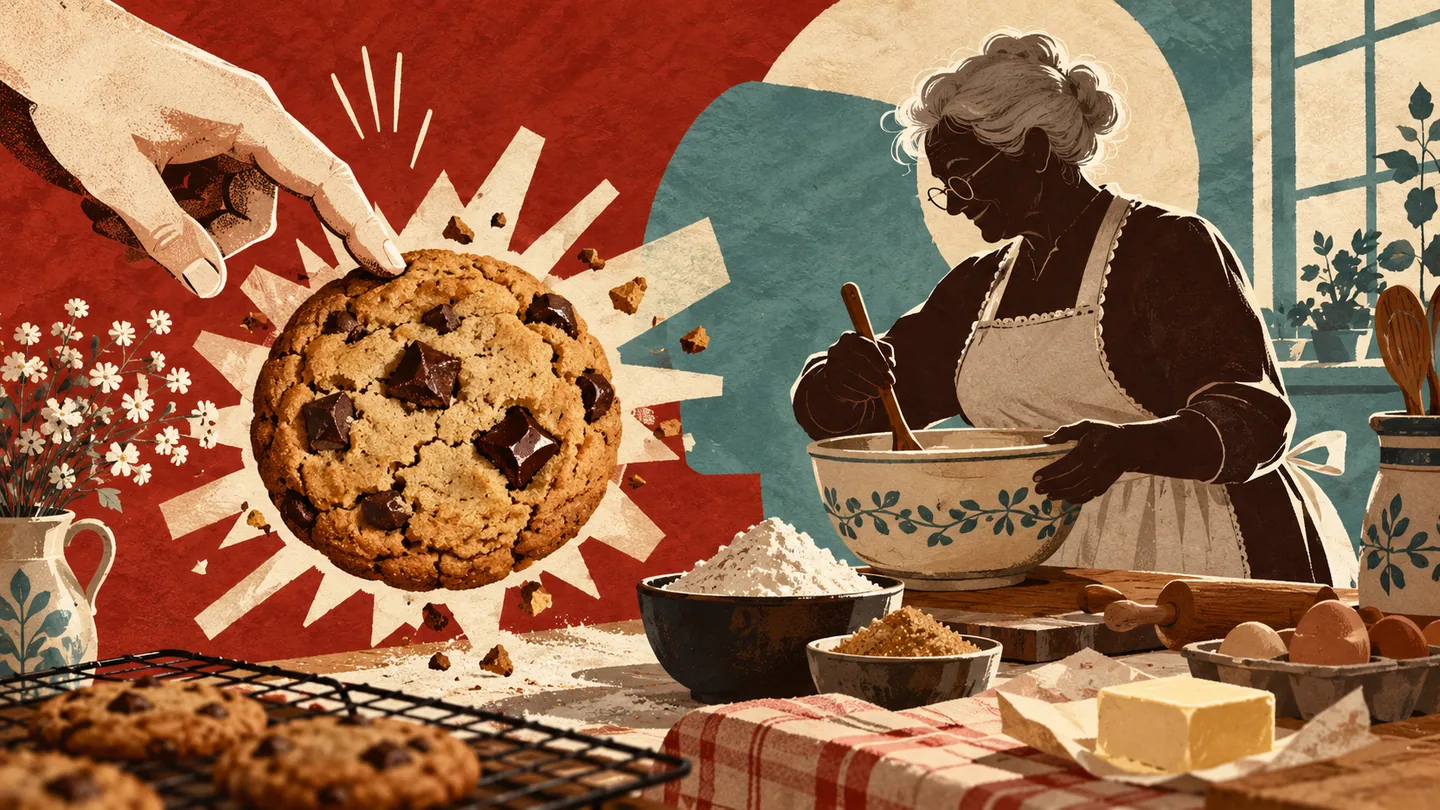 Original mid-century collage of a hand touching a cookie beside an elderly baker mixing dough, representing a shift from clicking to baking