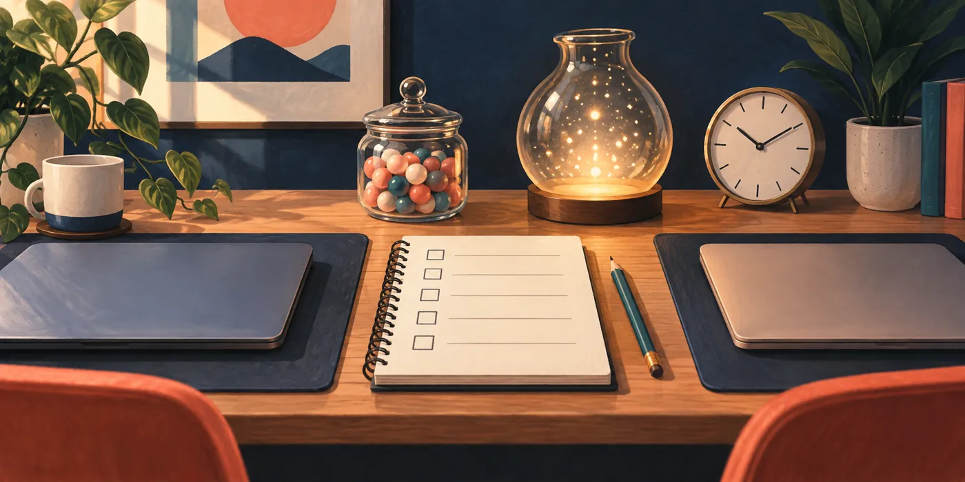 Conceptual illustration of a notebook and two separate closed-laptop test stations