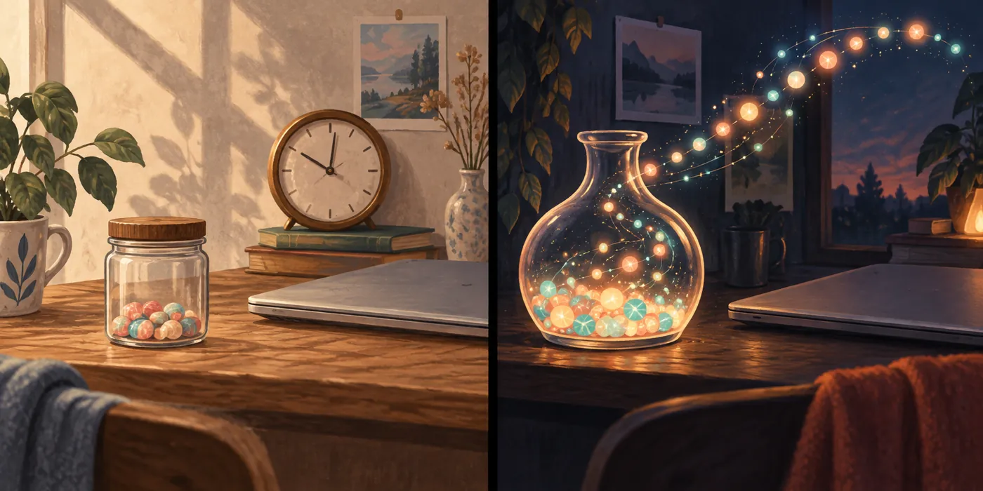 Conceptual illustration of two different outcomes after closing a laptop: a still candy jar and a growing abstract particle vessel