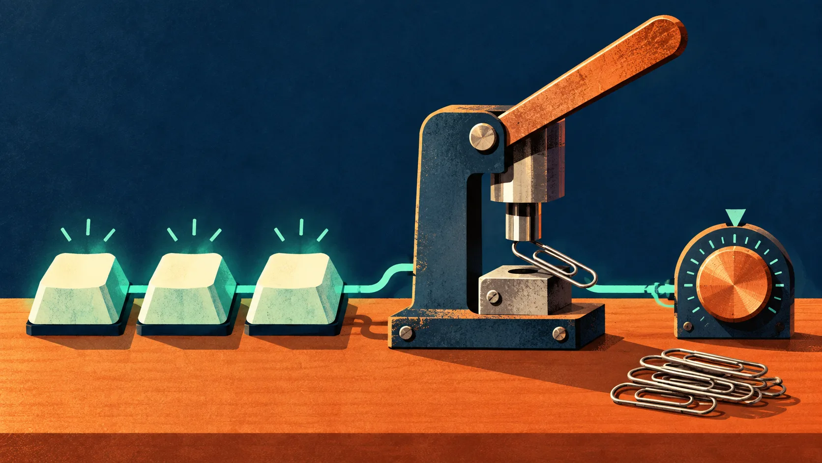 Original conceptual art of three keyboard keys leading to a paperclip press and a price dial