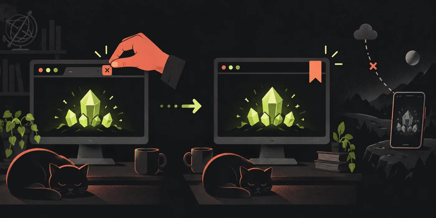 Original illustration of a desktop game closing and reopening with the same progress, while a separate phone remains unconnected