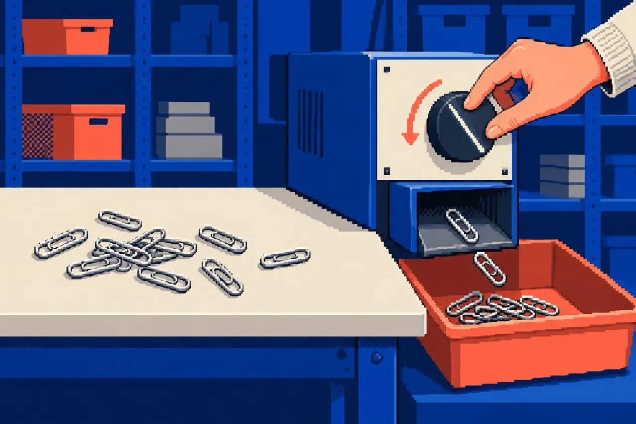 Conceptual pixel art of a smaller paperclip pile and clips moving into a tray after a price-knob turn