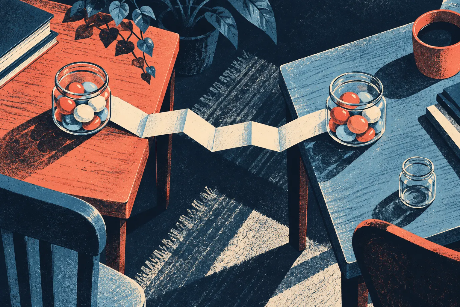 Original screenprint still life of matching candy jars connected by a folded paper ribbon beside a separate empty jar