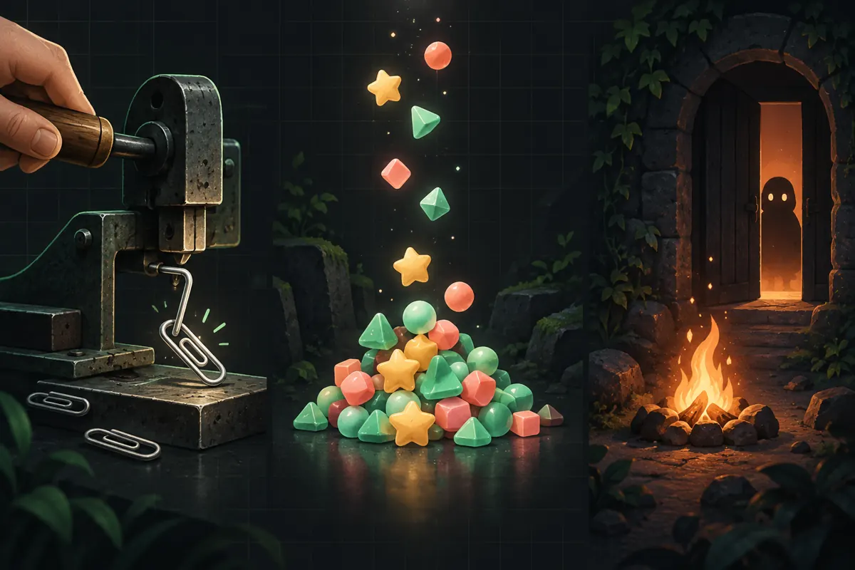 Original illustration of a manually formed paperclip, self-accumulating sweets and a firelit doorway