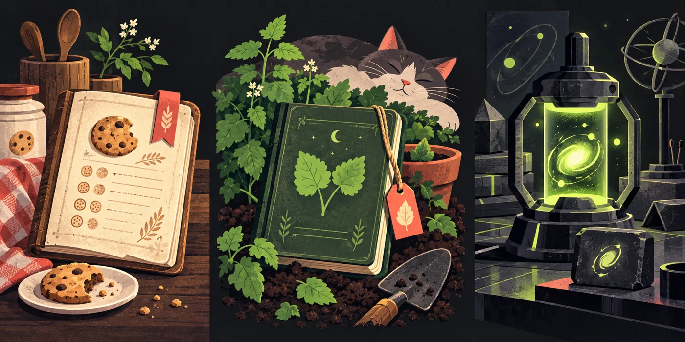 Original editorial triptych of a bakery ledger, catnip notebook and abstract antimatter vessel
