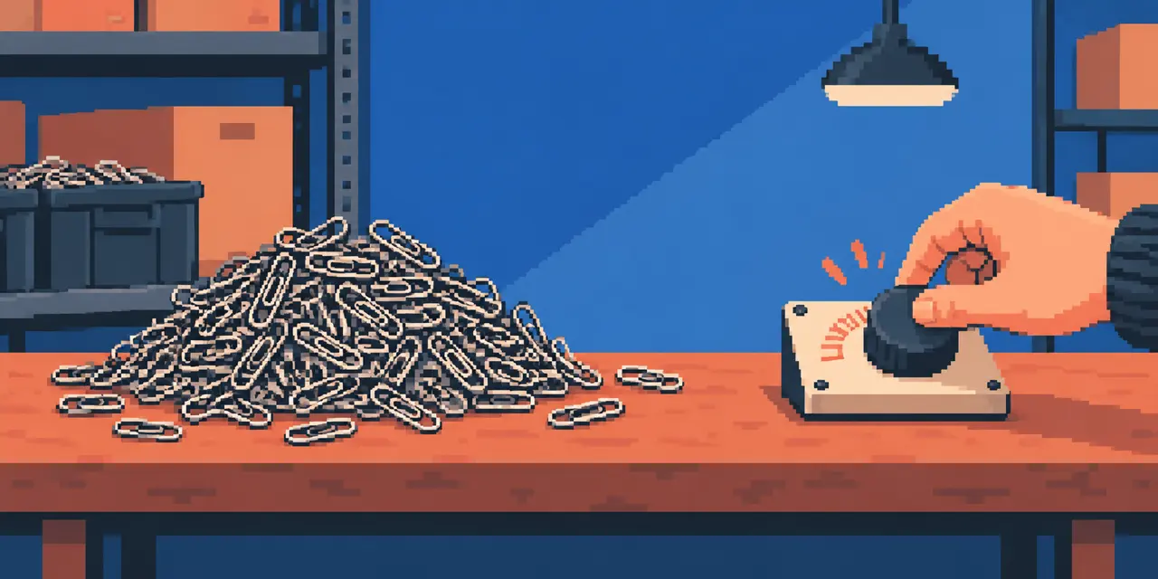 Conceptual pixel-art stockroom with a large pile of paperclips beside a price knob